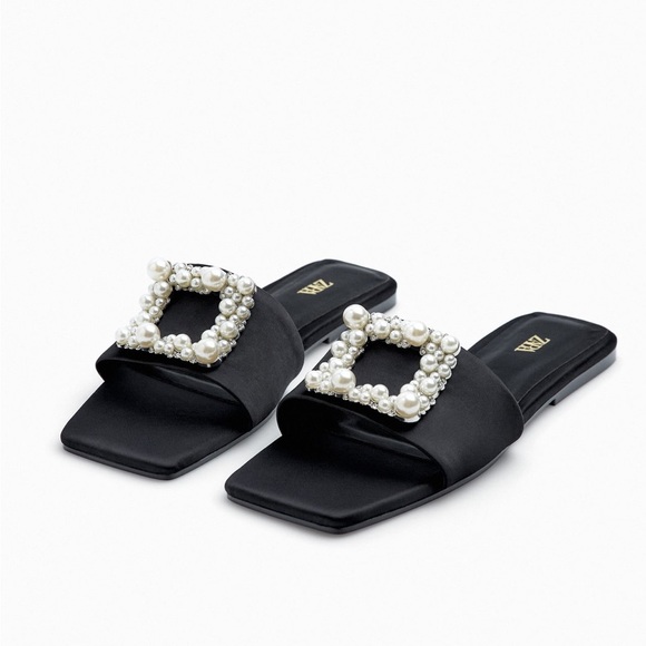 Zara Shoes - ZARA FLAT SATIN EFFECT PEARL SANDALS SIZE 7.5 US